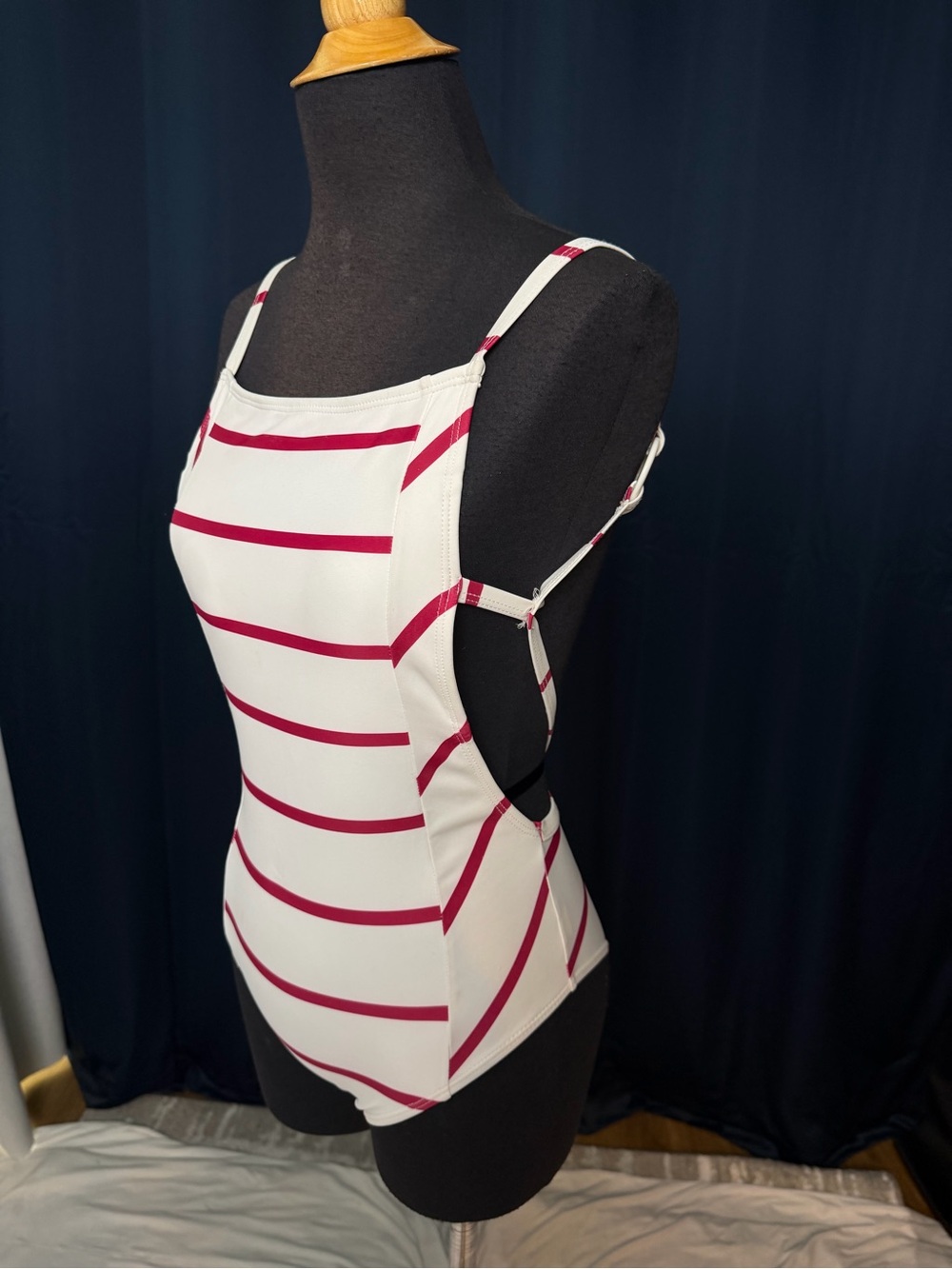 Striped One-Piece Swimsuit in White and Berry
